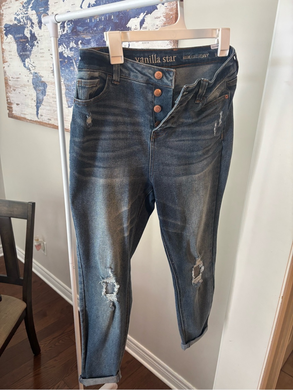 Vanilla Star Women's Dark Blue Distressed Boyfriend Jeans